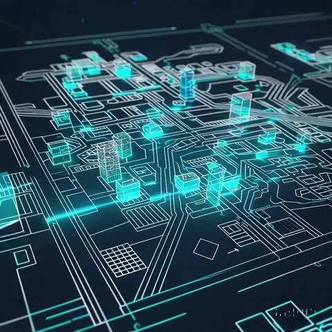 Digital city of glowing building blocks on a circuit-board street grid