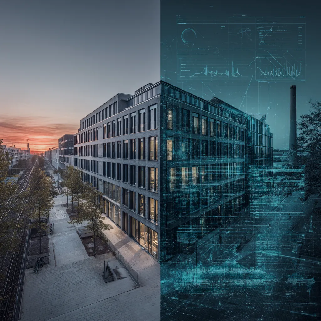 A real building beside its digital model